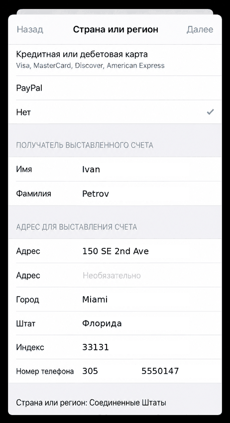 Экран адреса для выставления счёта с заполненным примером